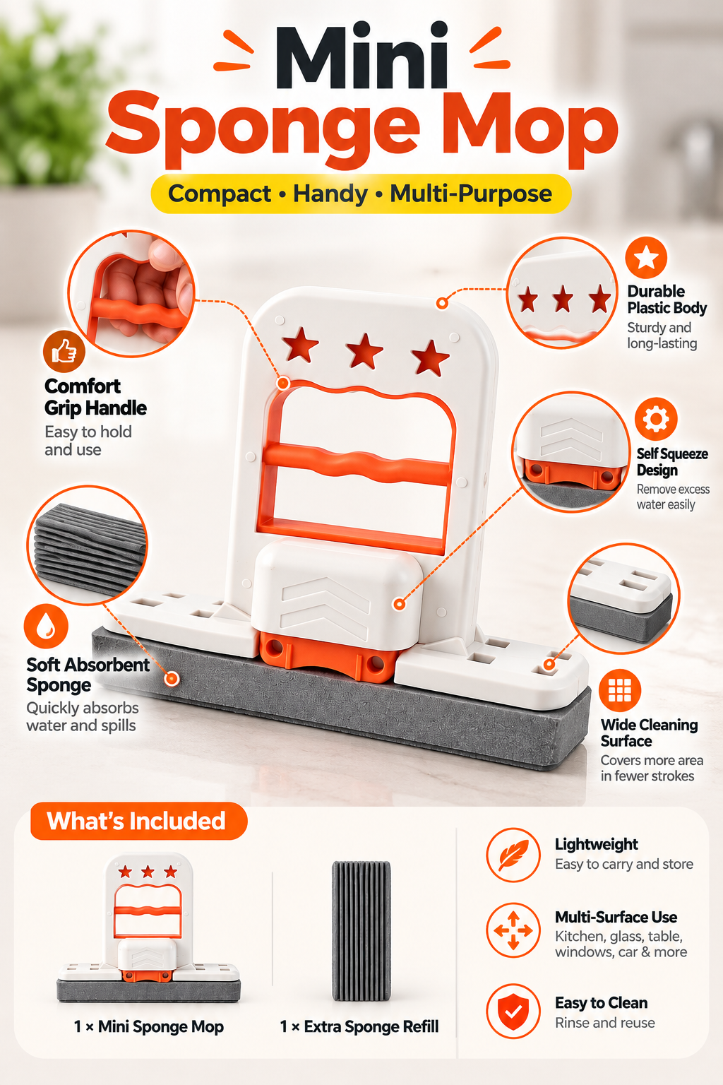 Mini Squeeze Sponge Mop for Home & Glass Cleaning