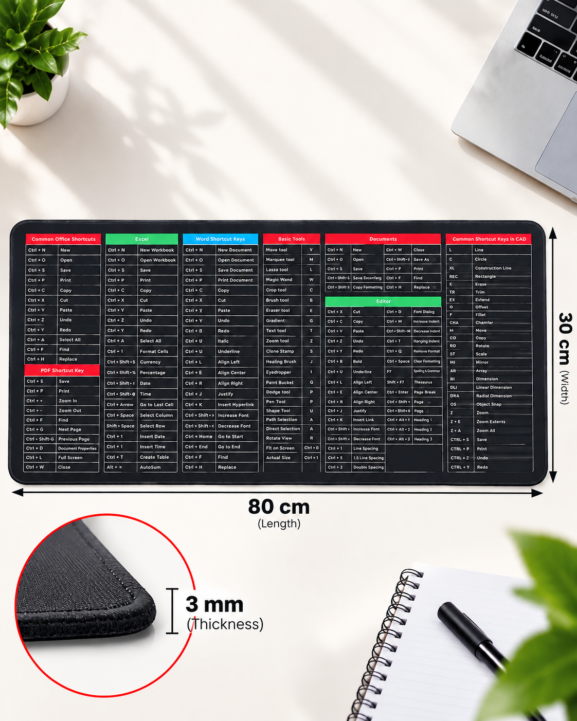 Large Keyboard Shortcut Desk Mat – Anti-Slip Mouse Pad