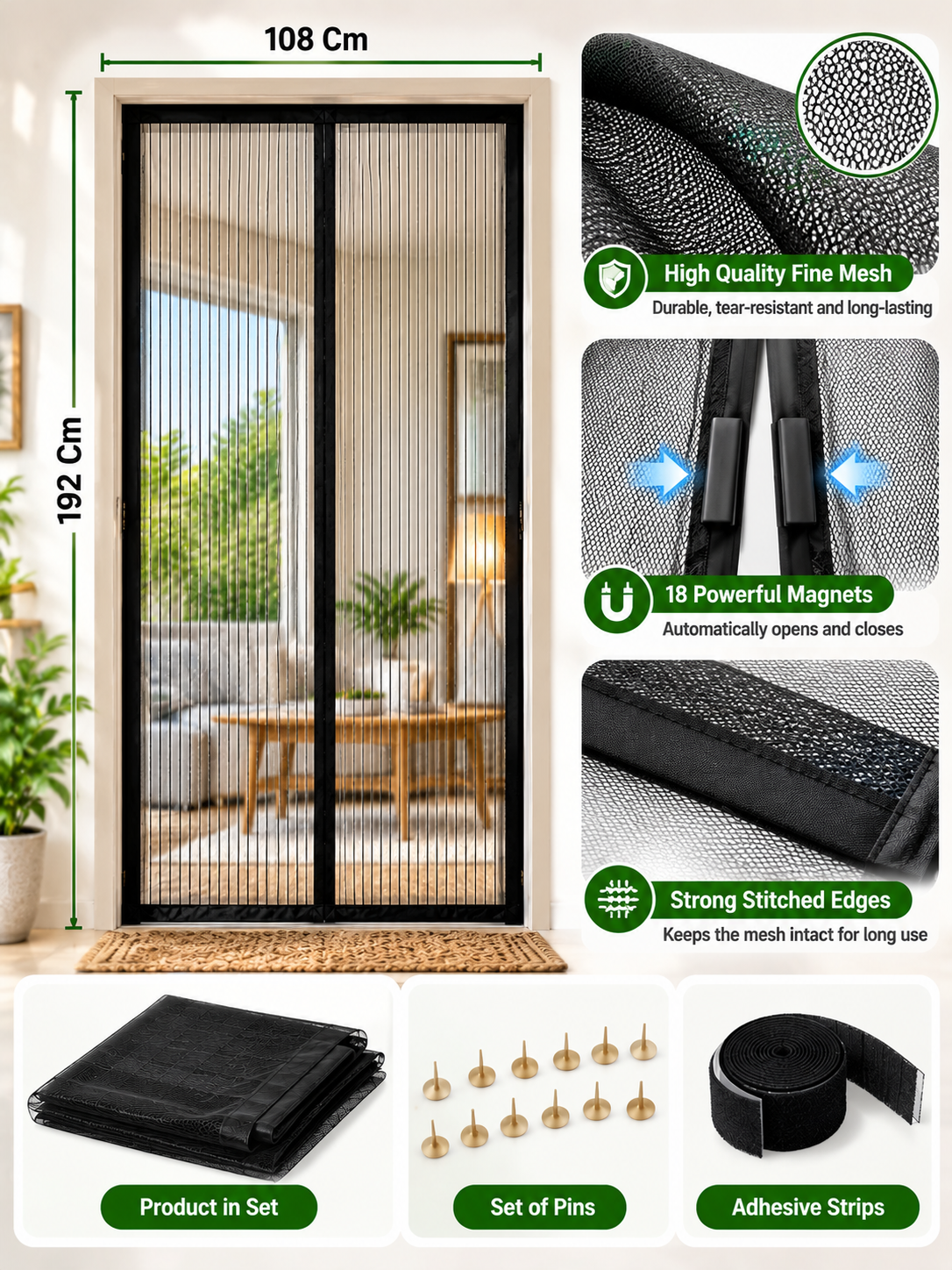 Magnetic Mesh Screen Door with Auto-Close Magnets