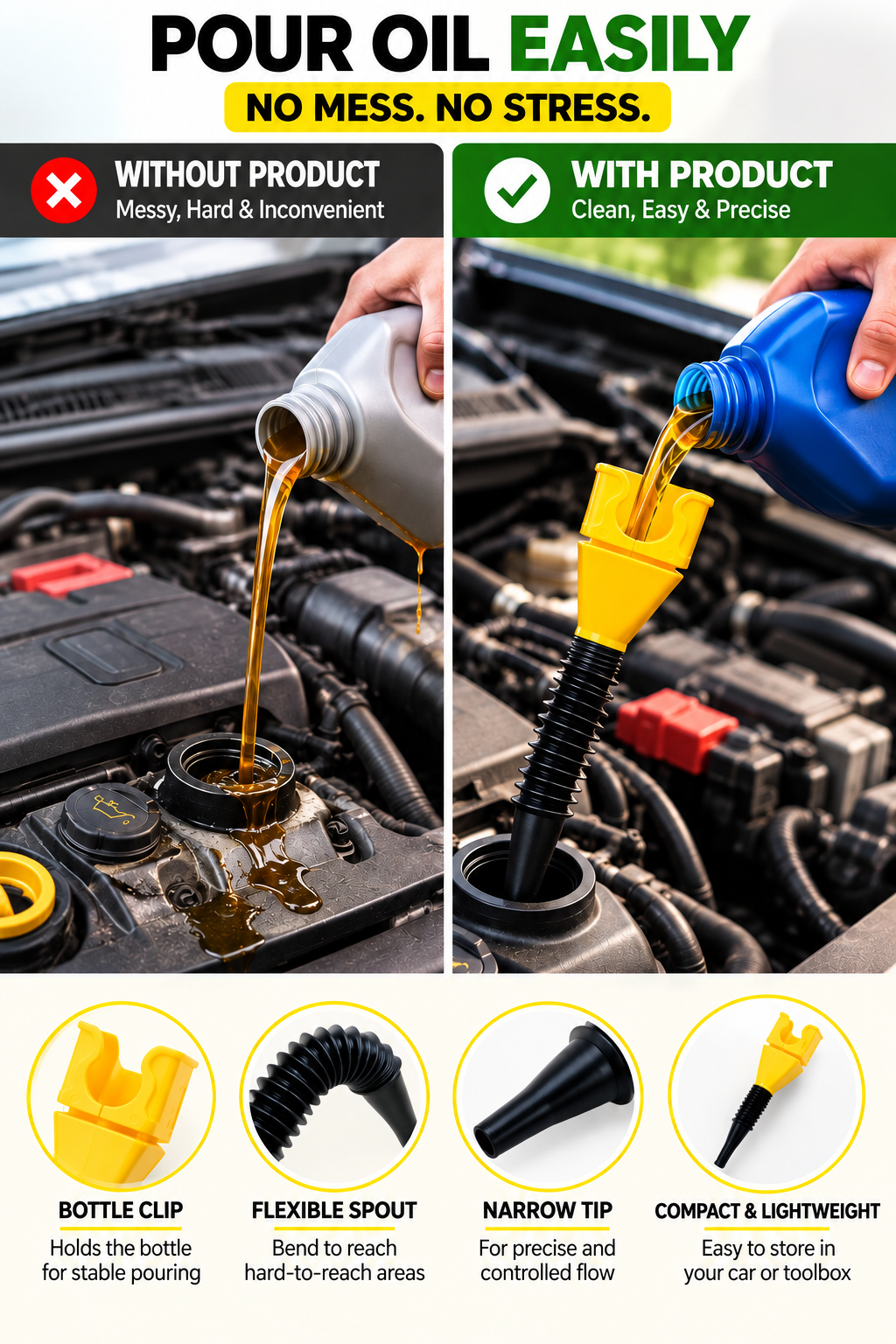 Flexible Car Oil Funnel with Bottle Clip