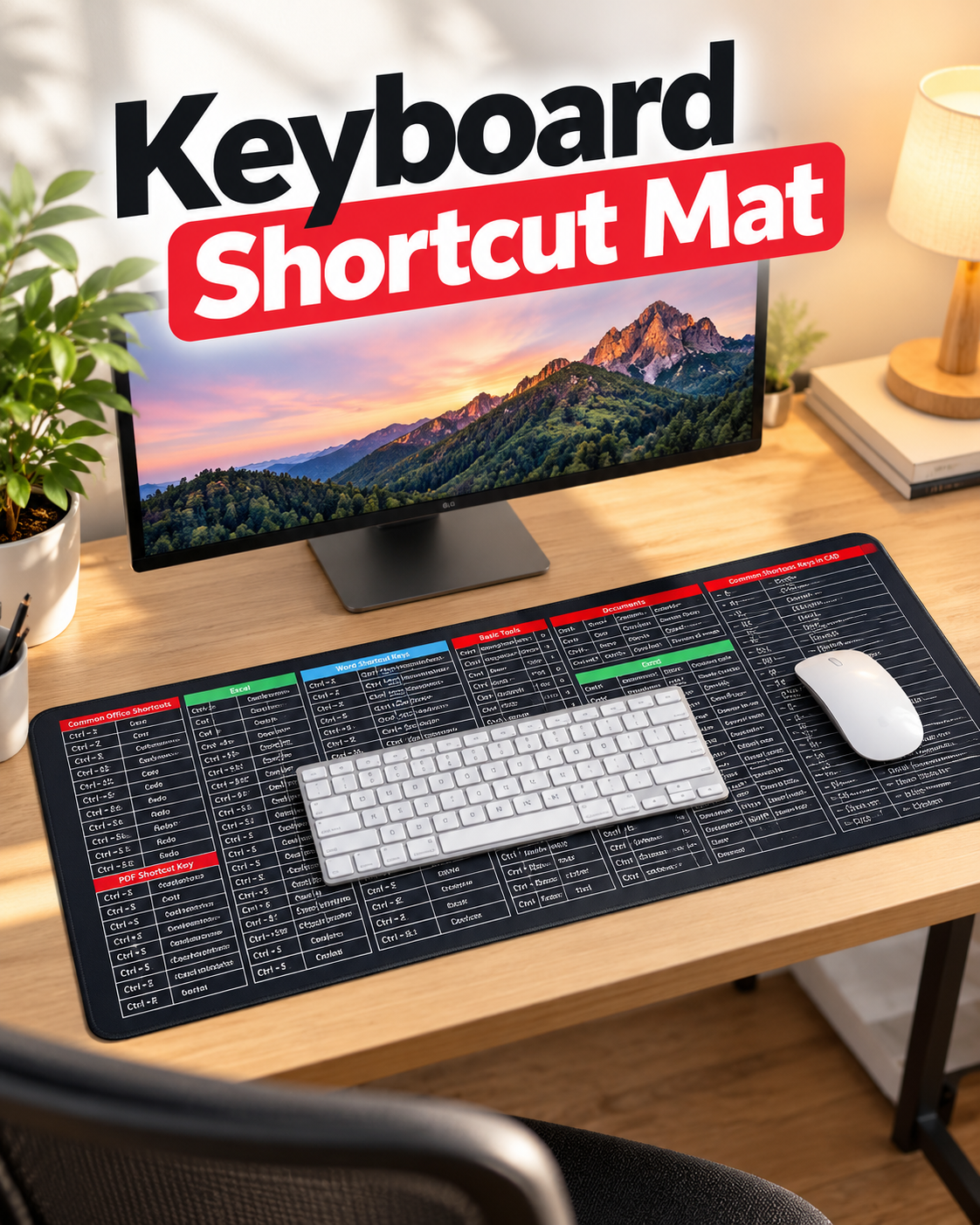 Large Keyboard Shortcut Desk Mat – Anti-Slip Mouse Pad