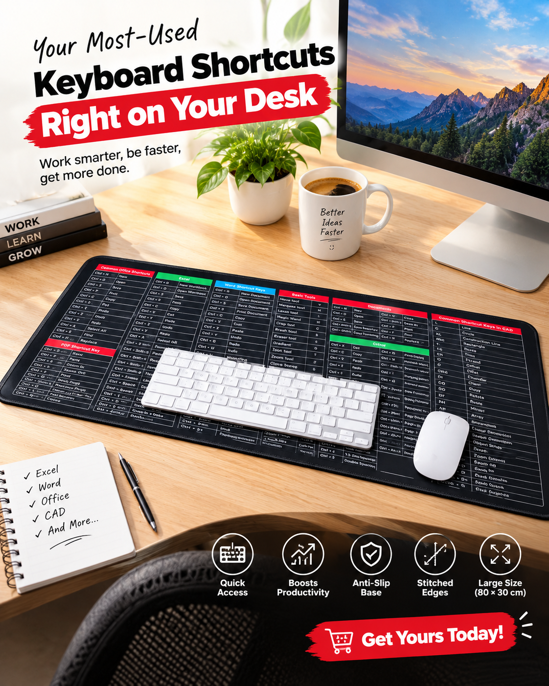 Large Keyboard Shortcut Desk Mat – Anti-Slip Mouse Pad