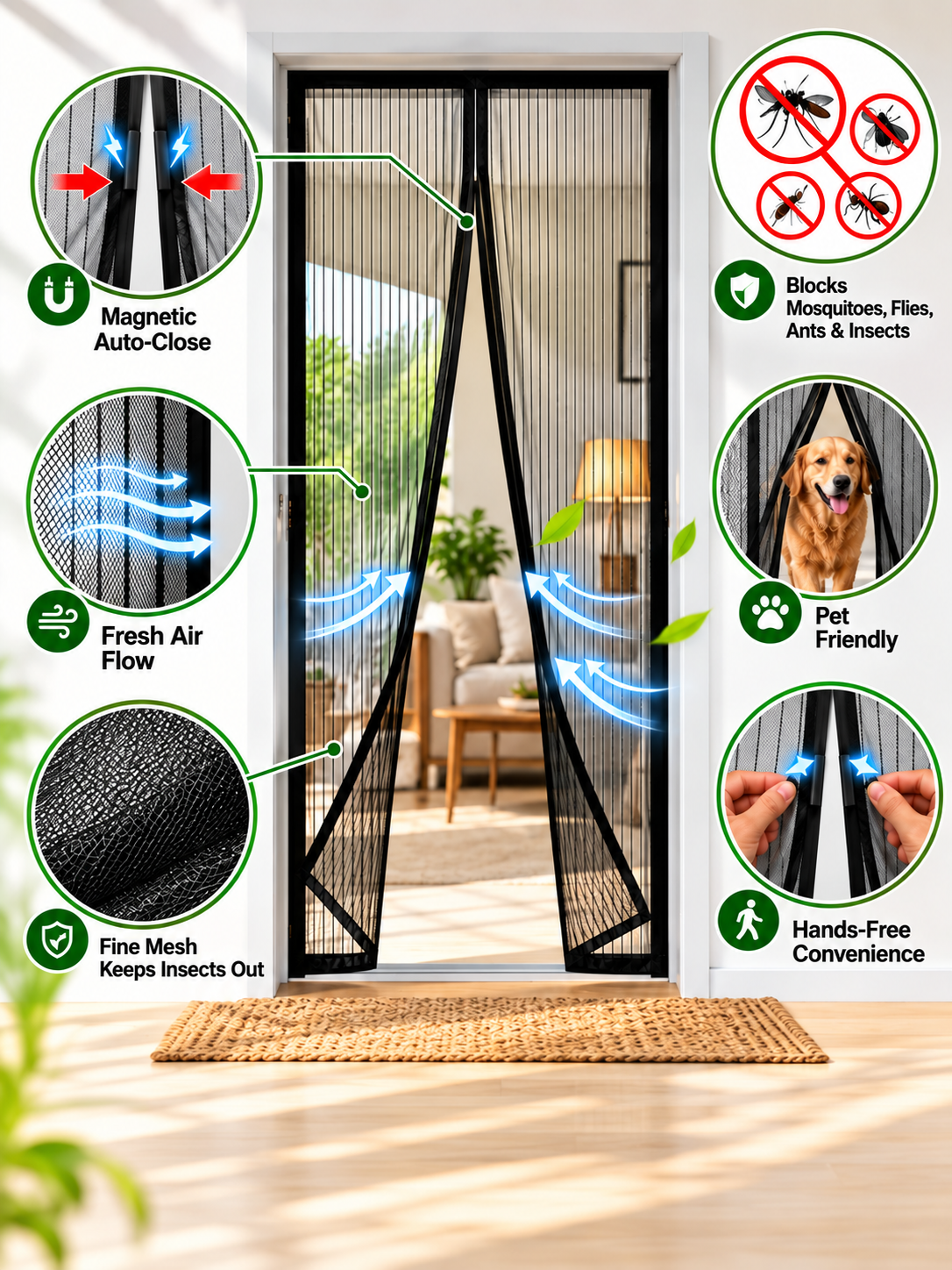 Magnetic Mesh Screen Door with Auto-Close Magnets