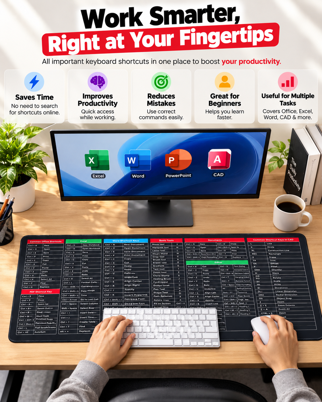 Large Keyboard Shortcut Desk Mat – Anti-Slip Mouse Pad