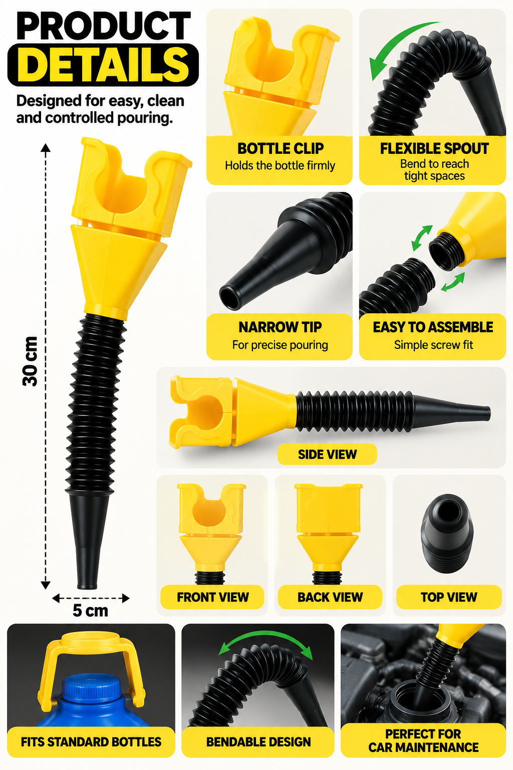 Flexible Car Oil Funnel with Bottle Clip